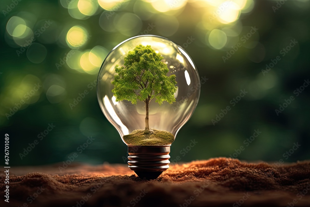 Illuminating innovation. Green energy concept. Sustainable brilliance. Eco friendly lightbulb with tree growth. Blossoming ideas. Nature powered light of tomorrow - obrazy, fototapety, plakaty 