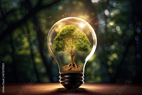 Illuminating innovation. Green energy concept. Sustainable brilliance. Eco friendly lightbulb with tree growth. Blossoming ideas. Nature powered light of tomorrow