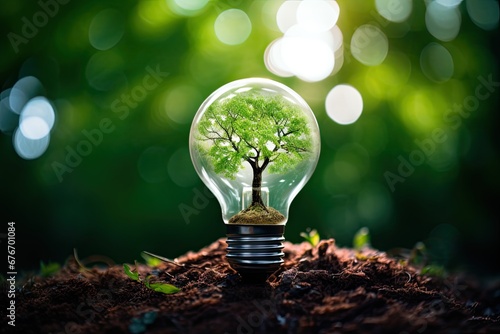 Illuminating innovation. Green energy concept. Sustainable brilliance. Eco friendly lightbulb with tree growth. Blossoming ideas. Nature powered light of tomorrow