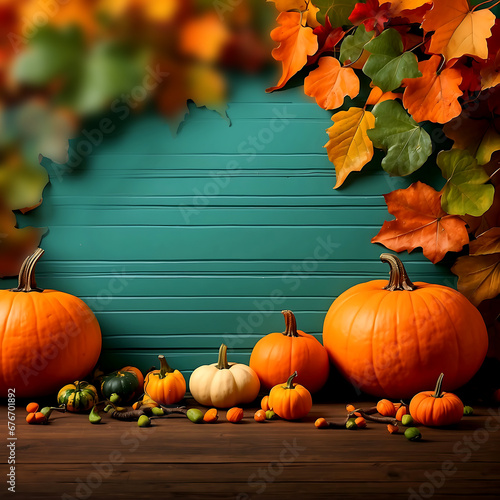 An organic background of orange  and green pumpkins  and fall leaves ai generated