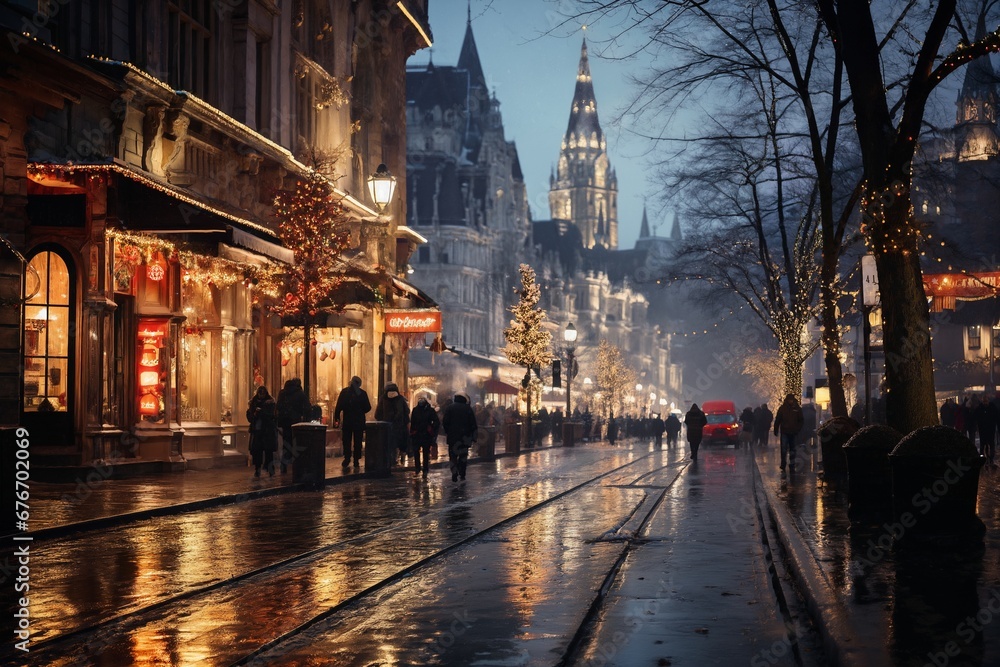 Obraz premium city street in winter, exteriors of houses decorated for Christmas or New Year's holiday, wet, street lights, festive environment