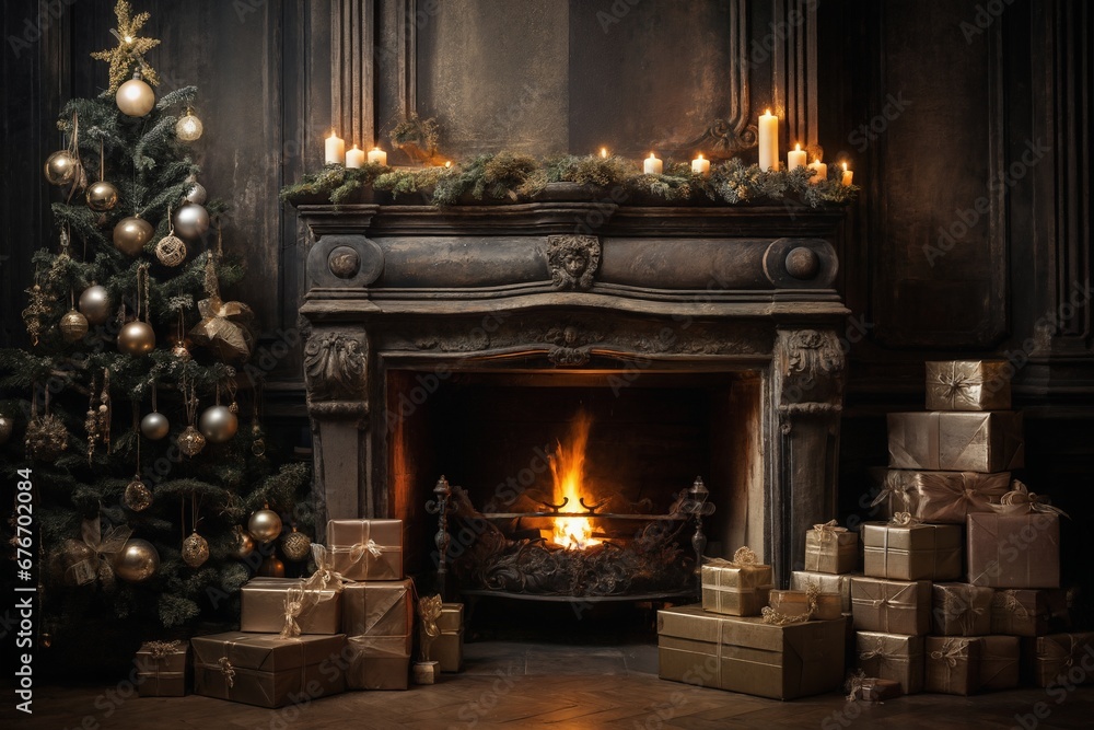 interior of house with burning fire in fireplace, decorated for Christmas or New Year holidays, gifts, Christmas tree, winter season interior of house with burning fire in fireplace, decorated for Christmas or New Year holidays, gifts, Christmas tree, winter season