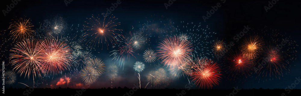 fireworks over night city sky, holiday background, bright colorful lights - obrazy, fototapety, plakaty 