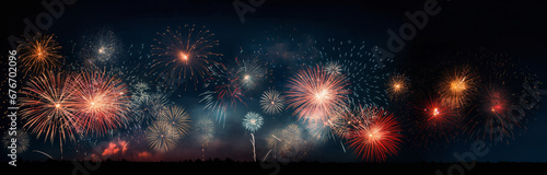 fireworks over night city sky, holiday background, bright colorful lights photo