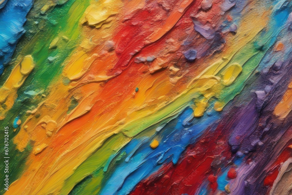 Closeup of abstract rough colorful multicolored rainbow colors art painting texture background illustration, with oil brushstroke, pallet knife paint on canvas, dripping color