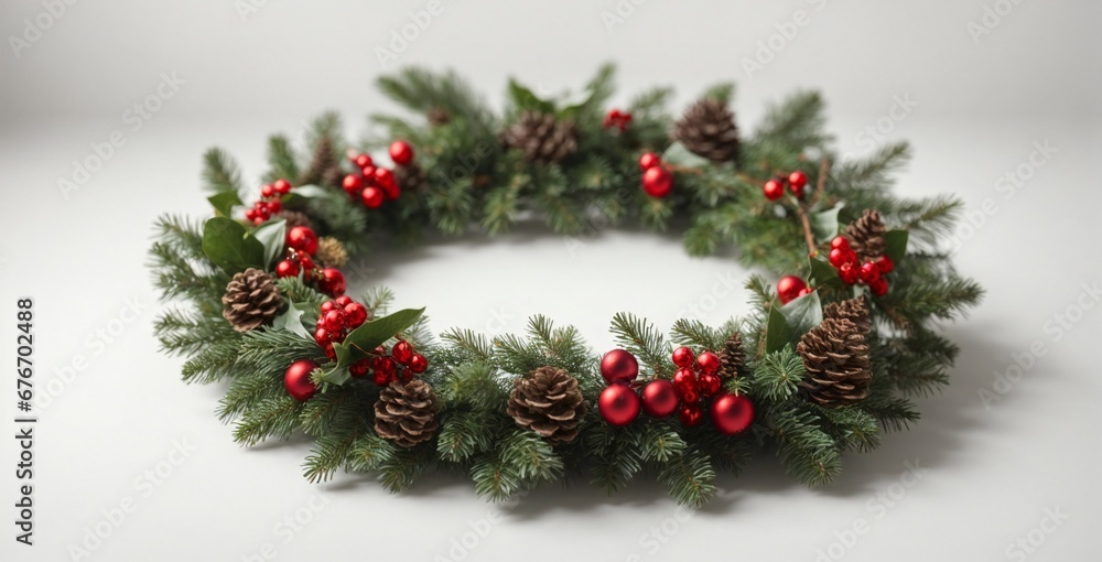 Christmas wreath on a white wooden background,Christmas wreath close up on white background. New Year's decorations. Winter Holiday pattern