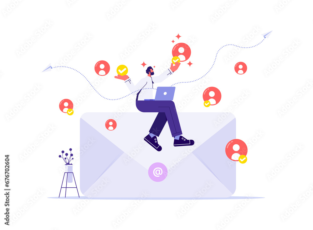 Concept of running email campaign and online advertisement, businessman sending email advertising, direct digital marketing to customers Concept of running email campaign and online advertisement, businessman sending email advertising, direct digital marketing to customers