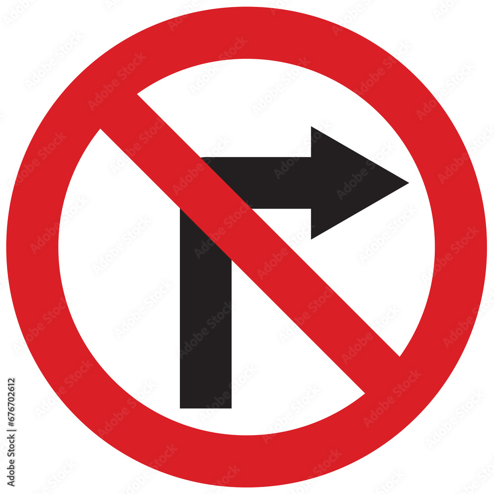 No turn right, stop, prohibited, warning traffic sign red color icon, banner vector illustration. No turn right, stop, prohibited, warning traffic sign red color icon, banner vector illustration.
