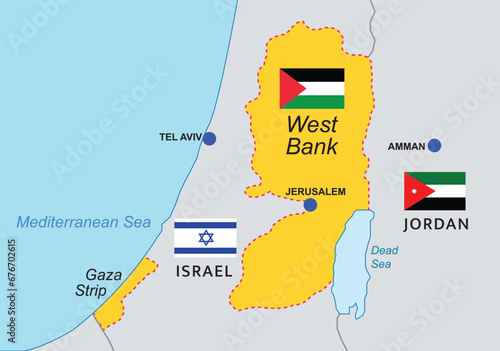 West Bank and Gaza Strip territory map. Palestinian exclave on the eastern coast of the Mediterranean Sea, vector illustration.