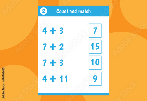 Basic math addition for kids. An educational worksheet for kids.  number counts. Vector design Free Vector.