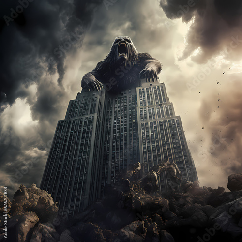 Monster climbing a city skyscrapers shrouded in clouds