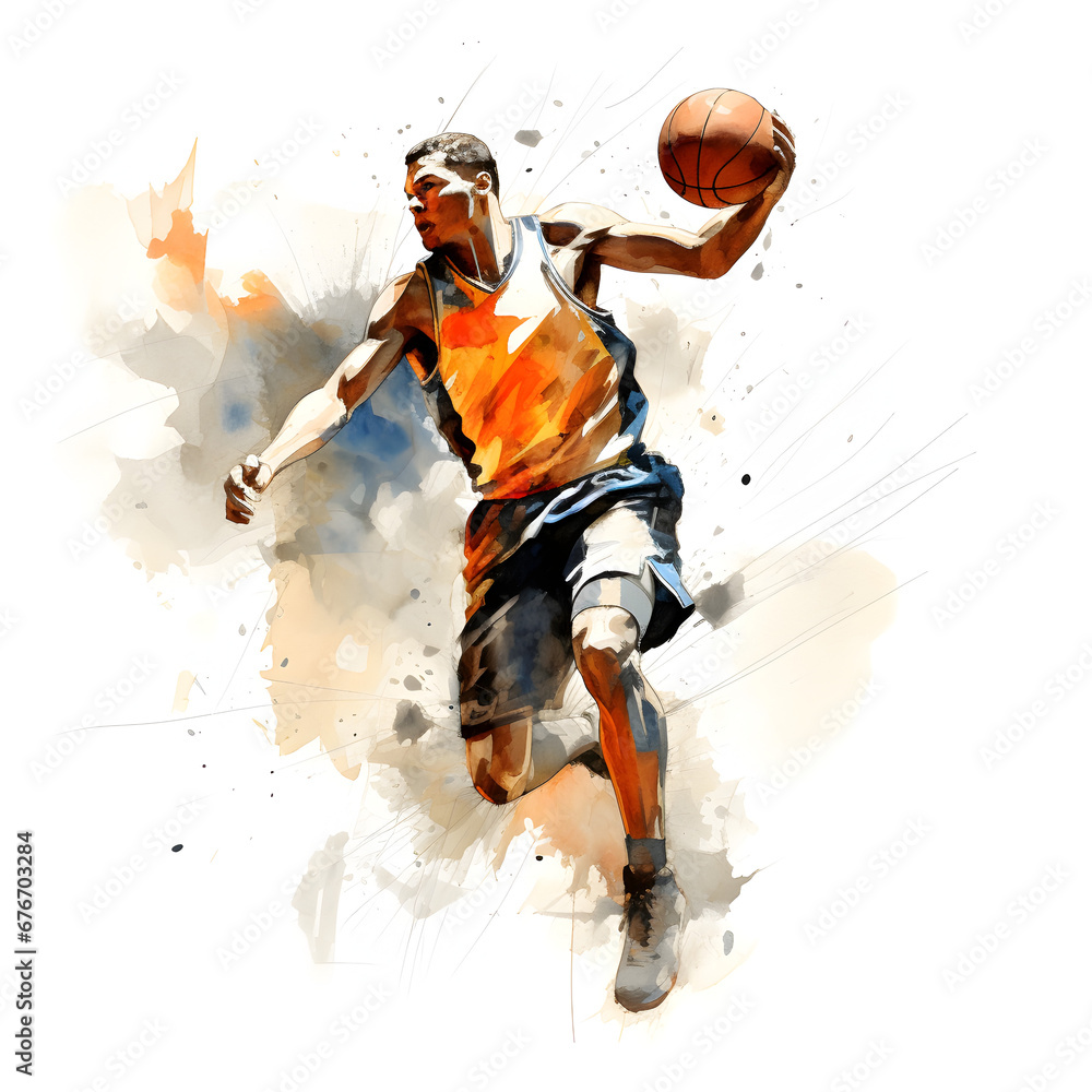Basketball player watercolor painting. Generative ai.  - obrazy, fototapety, plakaty 