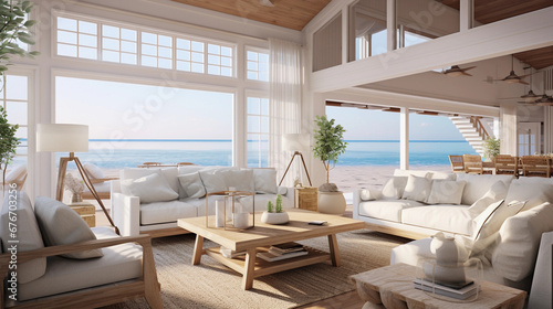 beautiful beach style interior design, blue white next to ocean, comfortable couch with wooden table, luxury home real estate agent © Joshua