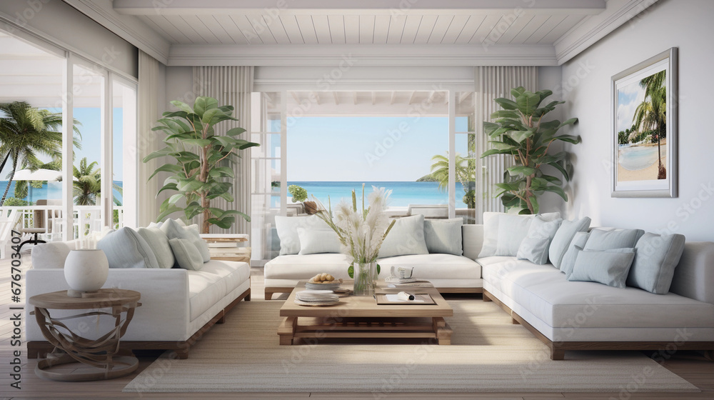 Fototapeta premium beautiful beach style interior design, blue white next to ocean, comfortable couch with wooden table, luxury home real estate agent