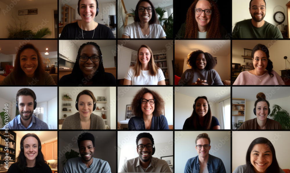 A team of people on an online conference call. Grid of webcam faces - obrazy, fototapety, plakaty 