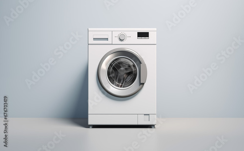 Modern washing machine and laundry basket near white wall indoors, space for text. Bathroom interior