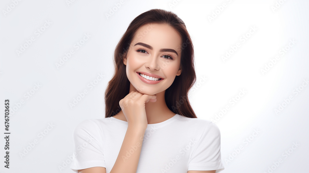 Young beautiful woman smiling on white background. Oral hygiene concept. Made with generative ai Young beautiful woman smiling on white background. Oral hygiene concept. Made with generative ai
