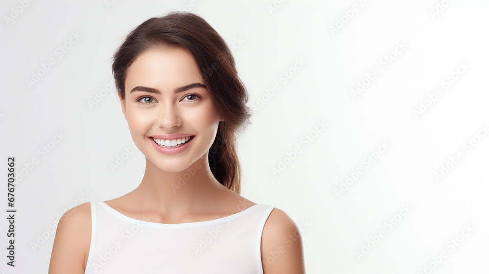 Young beautiful woman smiling on white background. Oral hygiene concept. Made with generative ai Young beautiful woman smiling on white background. Oral hygiene concept. Made with generative ai