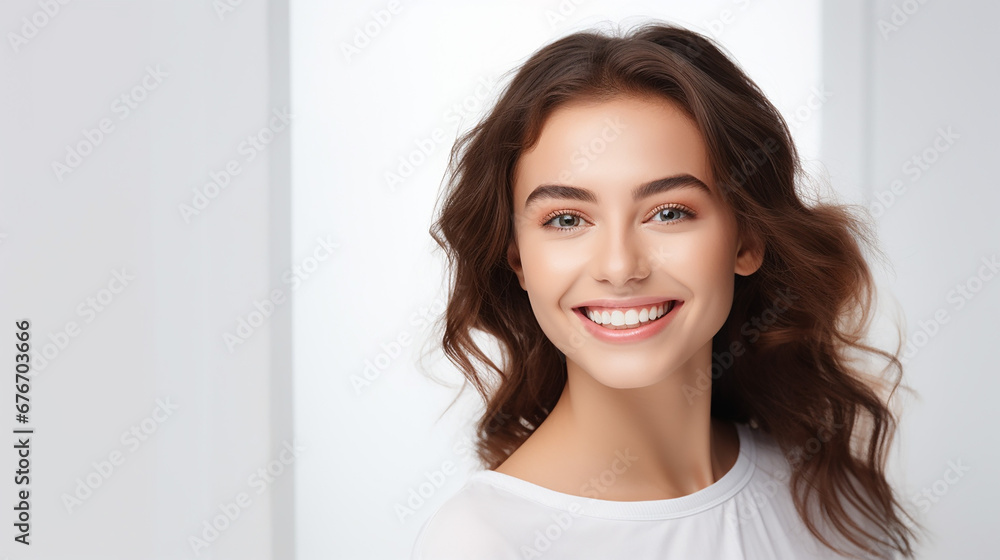 Young beautiful woman smiling on white background. Oral hygiene concept. Made with generative ai Young beautiful woman smiling on white background. Oral hygiene concept. Made with generative ai