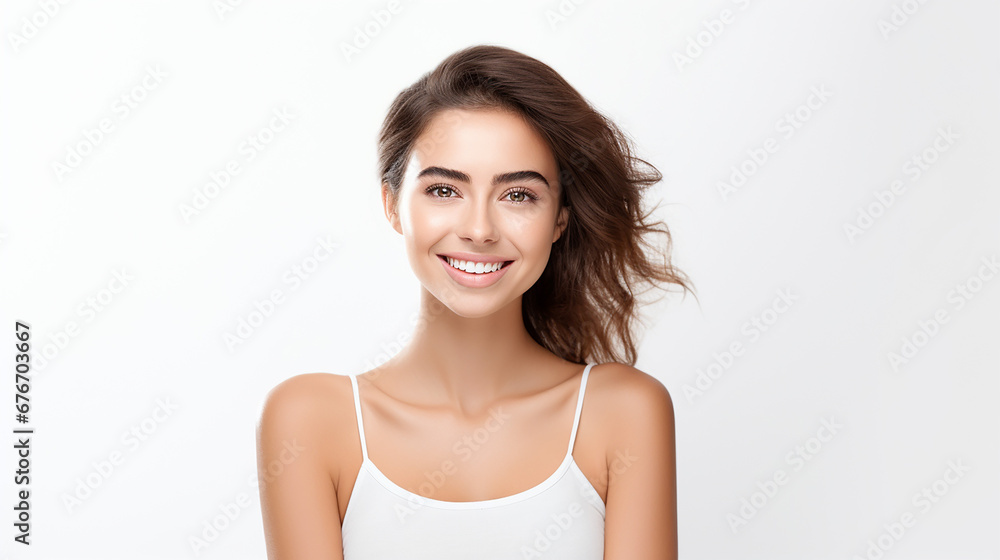 Young beautiful woman smiling on white background. Oral hygiene concept. Made with generative ai Young beautiful woman smiling on white background. Oral hygiene concept. Made with generative ai