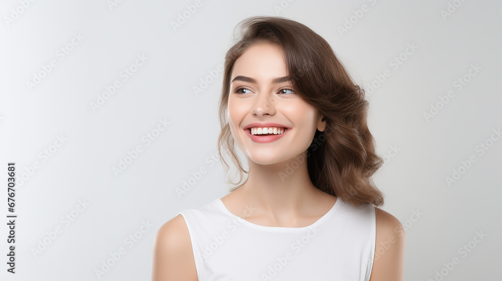 Young beautiful woman smiling on white background. Oral hygiene concept. Made with generative ai Young beautiful woman smiling on white background. Oral hygiene concept. Made with generative ai