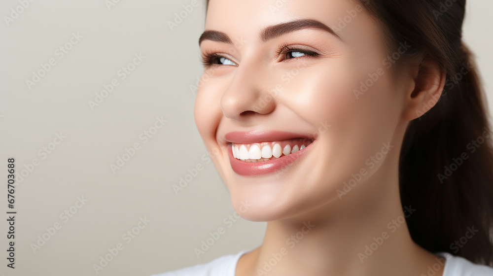 Fototapeta premium Young beautiful woman smiling on white background. Oral hygiene concept. Made with generative ai