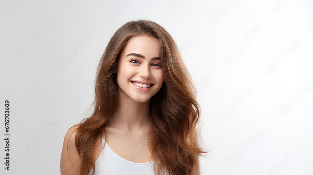 Young beautiful woman smiling on white background. Oral hygiene concept. Made with generative ai Young beautiful woman smiling on white background. Oral hygiene concept. Made with generative ai