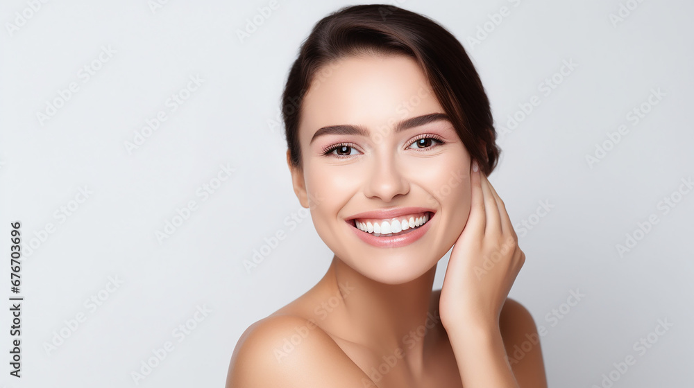 Young beautiful woman smiling on white background. Oral hygiene concept. Made with generative ai Young beautiful woman smiling on white background. Oral hygiene concept. Made with generative ai