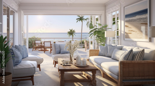 beautiful beach style interior design, blue white next to ocean, comfortable couch with wooden table, luxury home real estate agent
