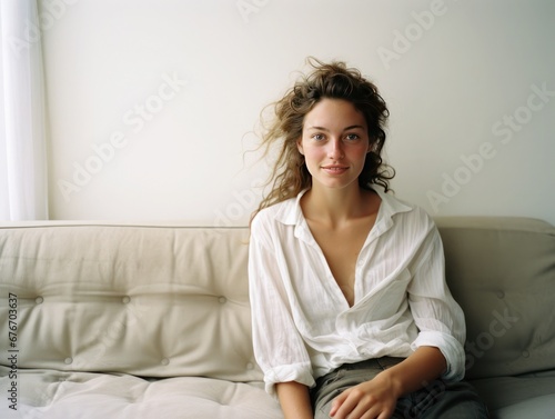 Retrato de una mujer joven sentada en un sofa photo