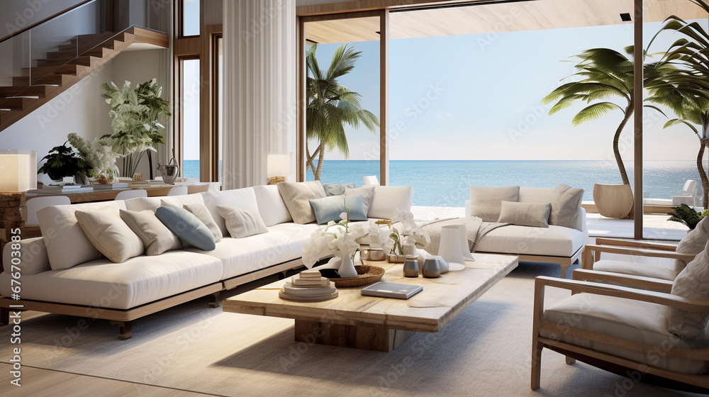 beautiful beach style interior design, blue white next to ocean, comfortable couch with wooden table, luxury home real estate agent