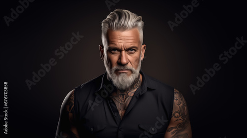 Studio lighting portrait photo of handsome stylish clothing good looking senior man with beautiful beard and tattoo. Elder healthy man fashion self care concept. Generative AI people model