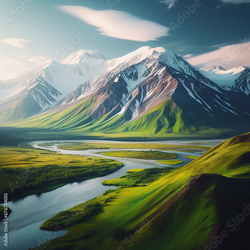 Eternal Beauty  Snow-Capped Mountain Majesty with Tranquil River and Verdant Field