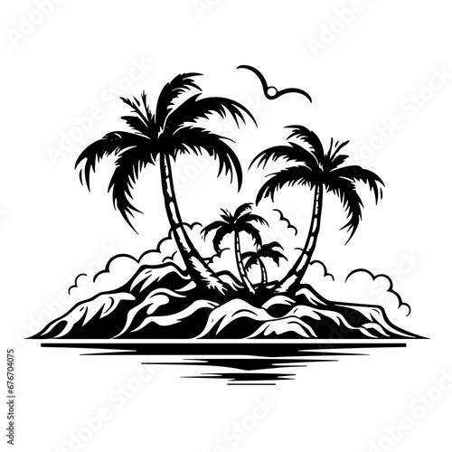 beach, palm, tree, island, sea, summer, tropical, vector, sun, illustration, travel, nature, ocean, water, silhouette, landscape, vacation, sunset, ship, sky, palm tree, hawaii, cartoon, paradise, hol