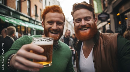 Two handsome ginger Irish men celebrating St. Patrick's day drinking beer. generative AI