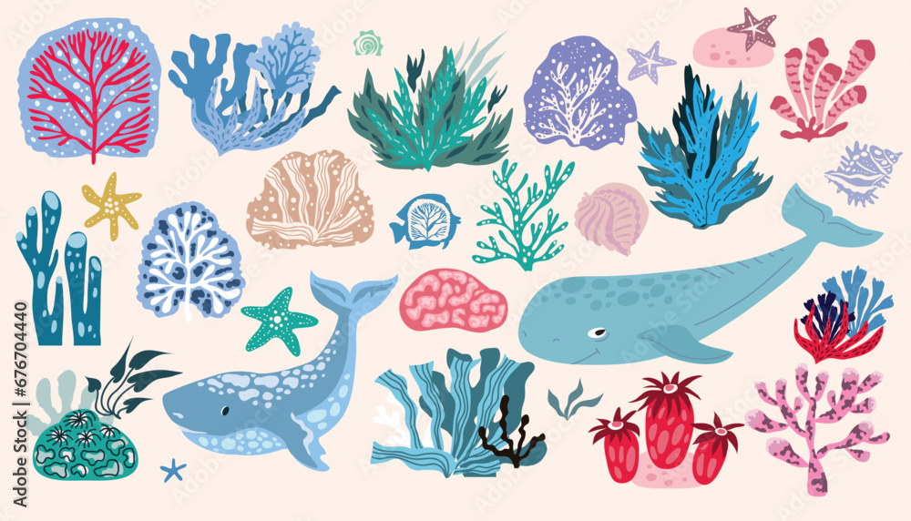 Cartoon  big  set with differents seaweeds  and colals.  Beautiful doodle underwater marine life,  whale, coral reef, underwater plants  Vector cute flat  illustration.  