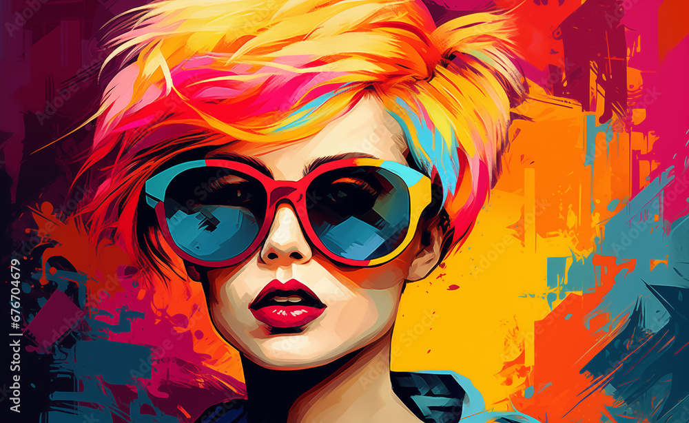 Profile of a young, fashionable girl who has a short haircut, vivid hair color and sunglasses. Urban hipster girl.