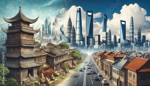 Visual contrast of old and new  with an ancient historic scene and a modern  futuristic cityscape  symbolizing time s evolution 