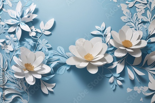 Design elements on a basic blue paper texture background. Background for party, birthday, wedding or graduation invitation card in white color with floral elements in soft art style. Generative Ai.