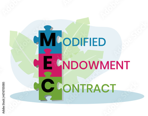 MEC, Modified Endowment Contract acronym. Concept with keyword and icons. lettering illustration with icons for web banner, flyer, landing page