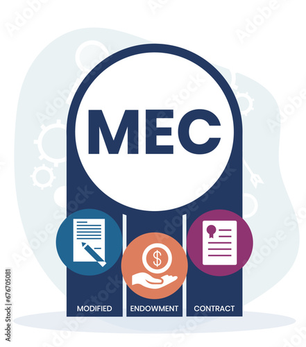 MEC, Modified Endowment Contract acronym. Concept with keyword and icons. lettering illustration with icons for web banner, flyer, landing page