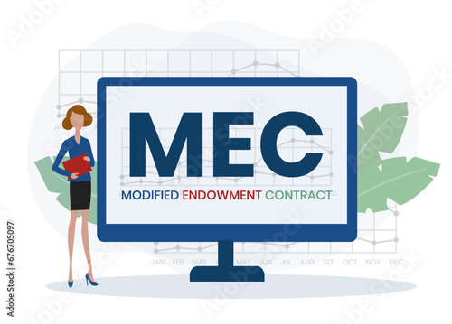 MEC, Modified Endowment Contract acronym. Concept with keyword and icons. lettering illustration with icons for web banner, flyer, landing page