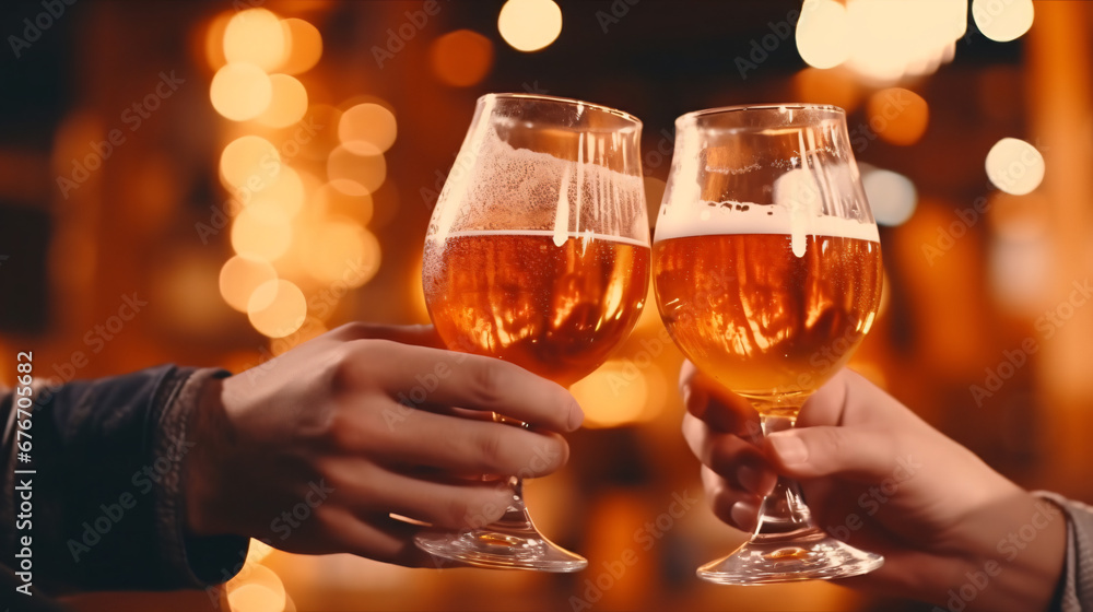 Close up shots of hands holding beer glasses on blur background