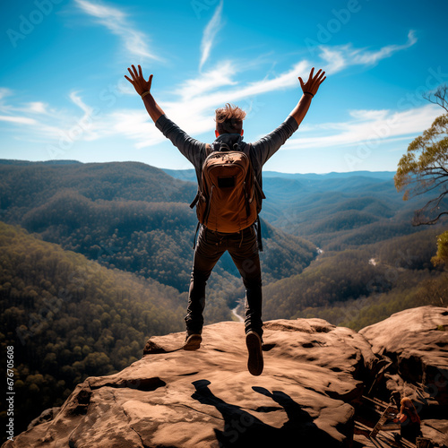 Hiker Celebrates on Mountain Summit with Open Arms