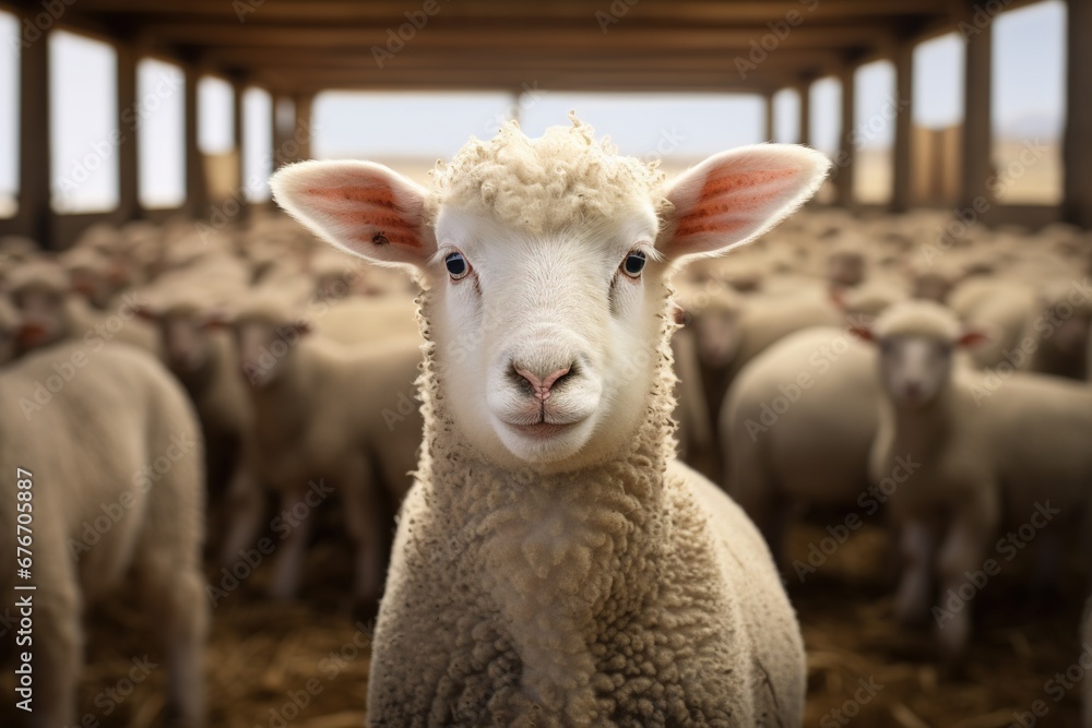 Portrait of a cute lamb on a background of sheep in the barn Portrait of a cute lamb on a background of sheep in the barn