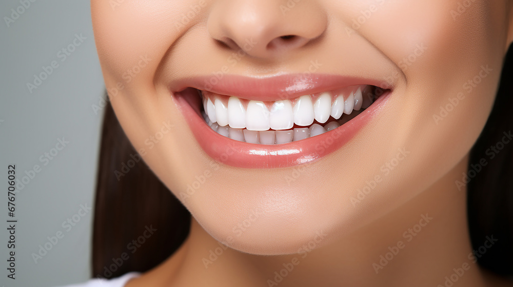 Obraz premium oung beautiful woman smiling on white background. Oral hygiene concept close up. Made with generative ai