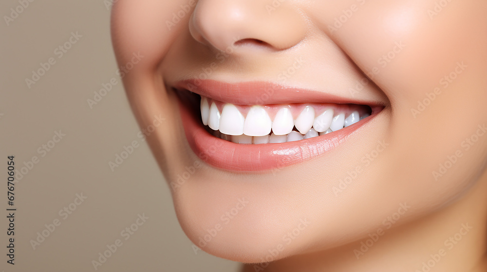 Obraz premium oung beautiful woman smiling on white background. Oral hygiene concept close up. Made with generative ai