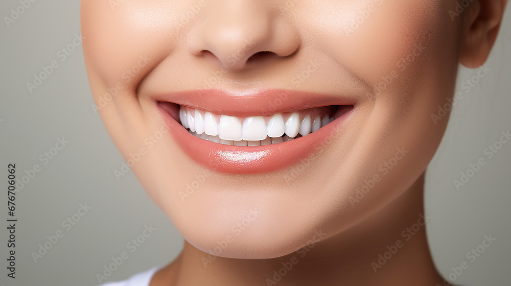 Obraz premium oung beautiful woman smiling on white background. Oral hygiene concept close up. Made with generative ai