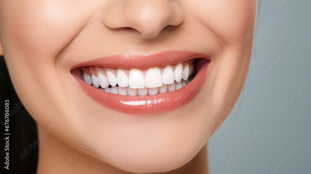 Obraz premium oung beautiful woman smiling on white background. Oral hygiene concept close up. Made with generative ai