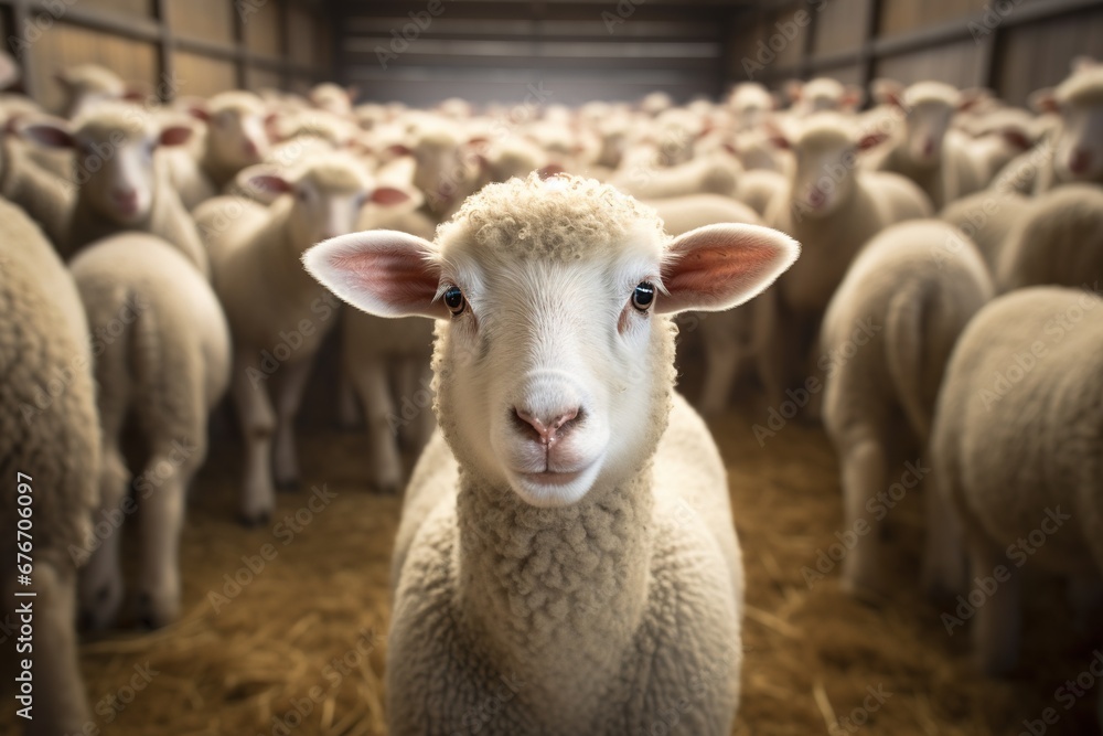 Portrait of a cute lamb on a background of sheep in the barn Portrait of a cute lamb on a background of sheep in the barn